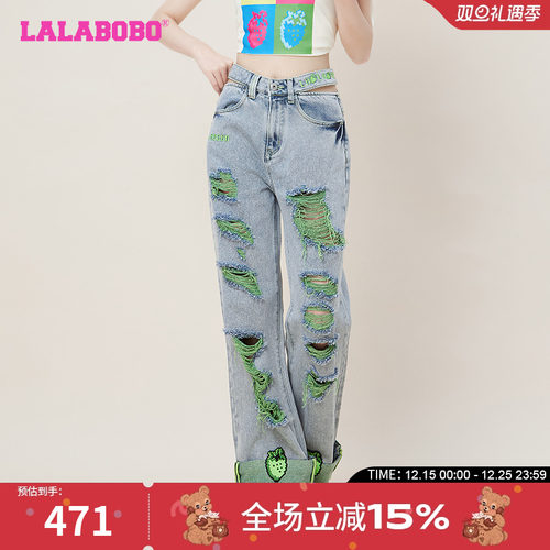 lalabobo2023刺绣破洞直筒牛仔裤