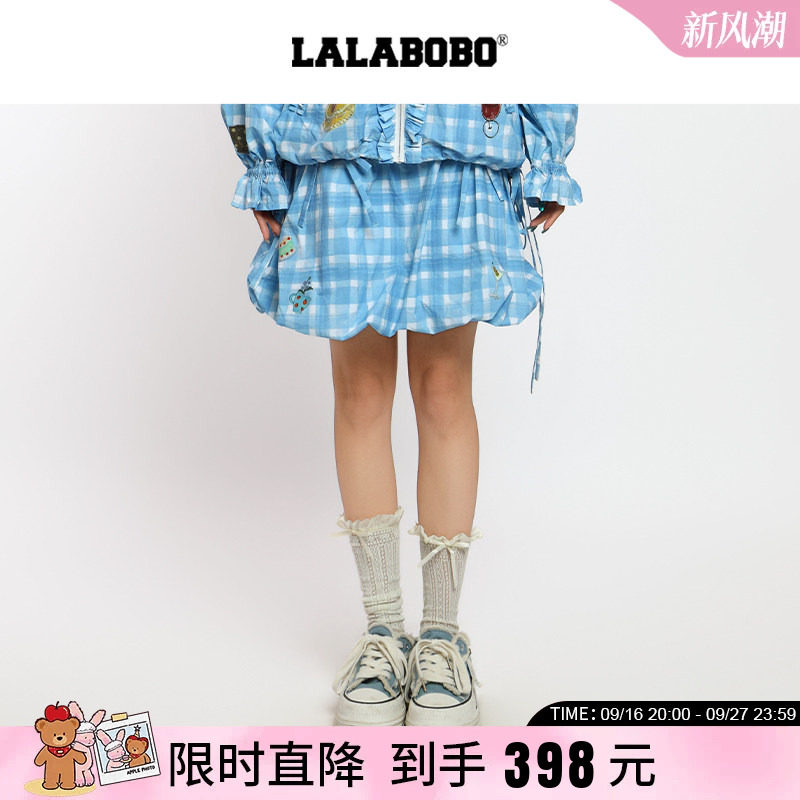 美式蓝色格纹印花半身花苞裙