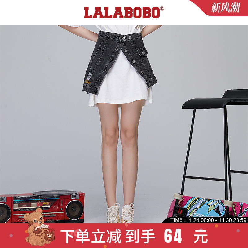 lalabobo2021做旧刺绣牛仔半身裙