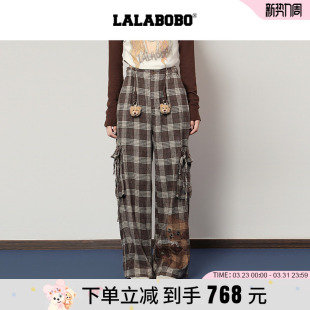 格纹阔腿裤 LALABOBO25年秋新款 女玩偶印花棕色休闲裤 商场同款