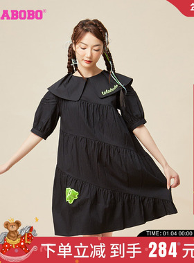 LALABOBO2023春夏新款毛毛熊黑色翻领中长连衣裙女装|LBCB-WLZY12