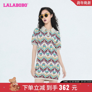 LBCC LALABOBO2023夏季 四叶草毛织连衣裙子女 翻领短袖 WLZY12 新款