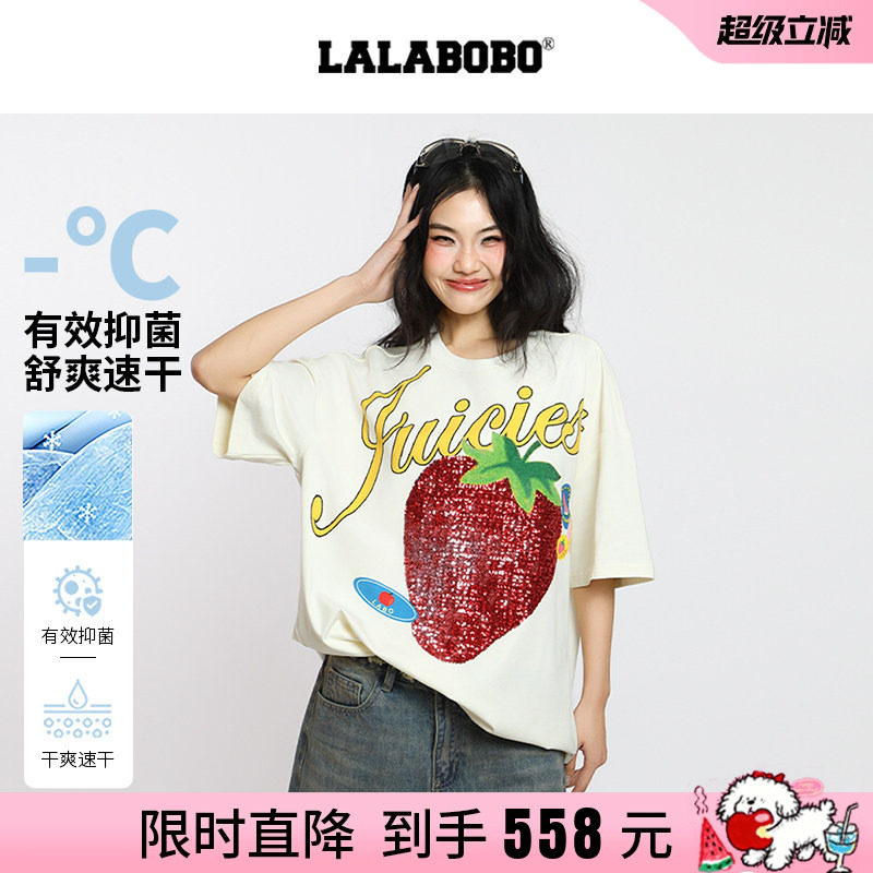 【复古野餐】LALABOBO26年新款圆领短袖亮片印花美式宽松凉感T恤