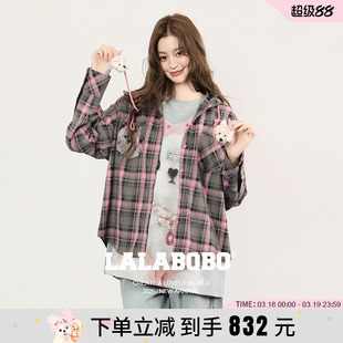 【宋继扬同款】LALABOBO25年秋新款连帽外套小狗印花长袖格纹衬衫