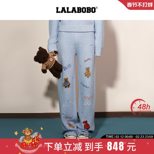 【商场同款】LALABOBO25年冬新款慵懒针织裤女小熊蓝色阔腿休闲裤