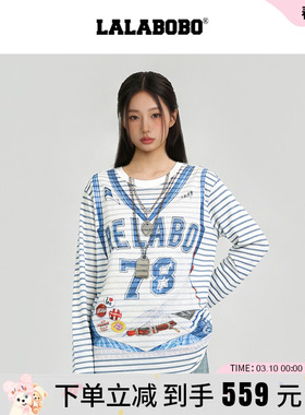 【商场同款】LALABOBO26年春新款网纱罩衫3D印花美式复古长袖T恤