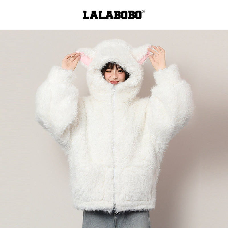 LALABOBO猫脸连帽毛绒