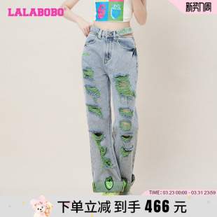 新款 LBCB 美式 女 WXZC16 刺绣破洞休闲直筒牛仔裤 LALABOBO2023夏季