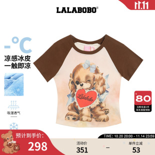 上衣女25年新款 LALABOBO短袖 插肩袖 印花短款 T恤 修身 商场同款