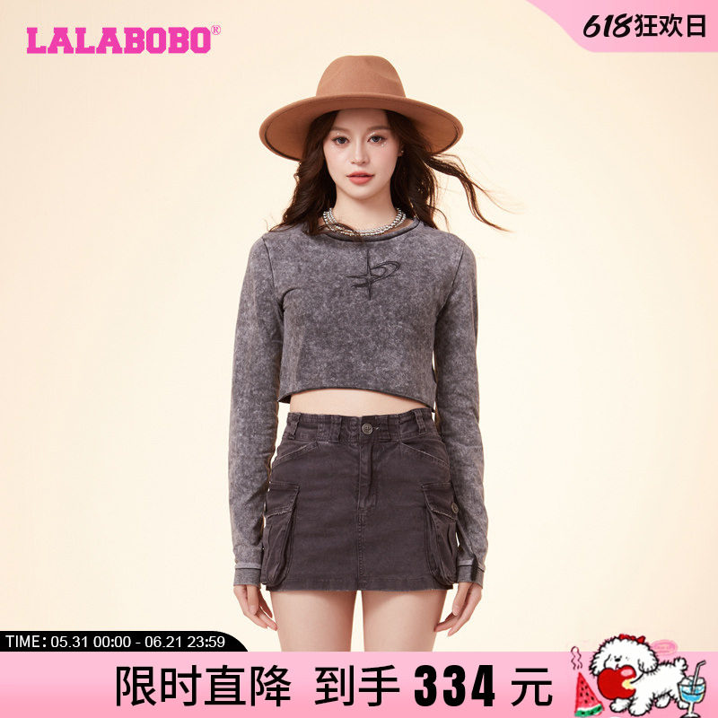 LALABOBO24春美式复古休闲风短款圆领字母图案长袖T恤LBDA-WSDT47