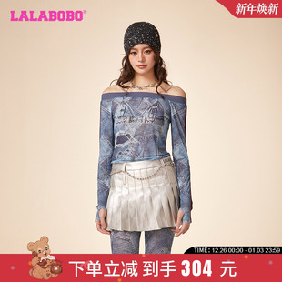 WSDT16 T恤女LBDA 王美妍同款 LALABOBO春休闲废土风网纱一字领长袖