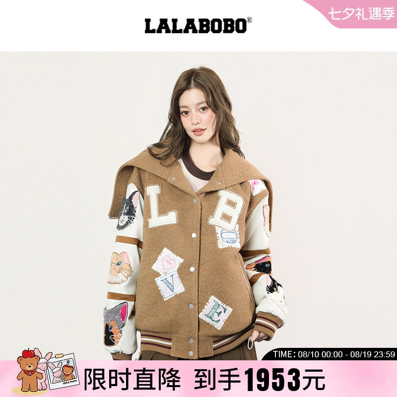 LABO复古猫贴布连毛领棉服