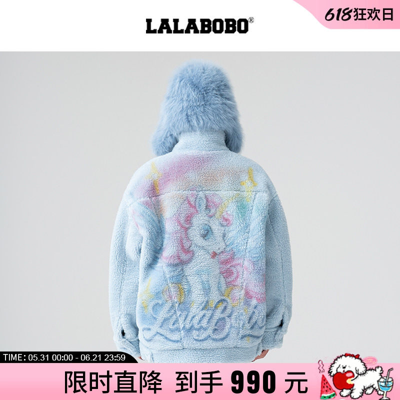 【商场同款】LALABOBO冬季毛绒短外套女原创新款潮牌印花上衣