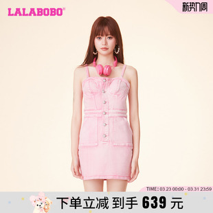 WLZY12 LBDA 陈彦妃同款 LALABOBO春复古休闲纯色洗水牛仔连衣裙女