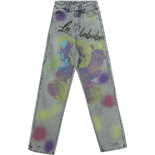 傅菁同款[招财熊]LALABOBO复古重磅工喷印男友牛仔裤|LBDA-WXZC52