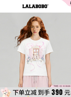 【商场同款】LALABOBO26年新款短袖可爱小熊印花白色修身正肩T恤