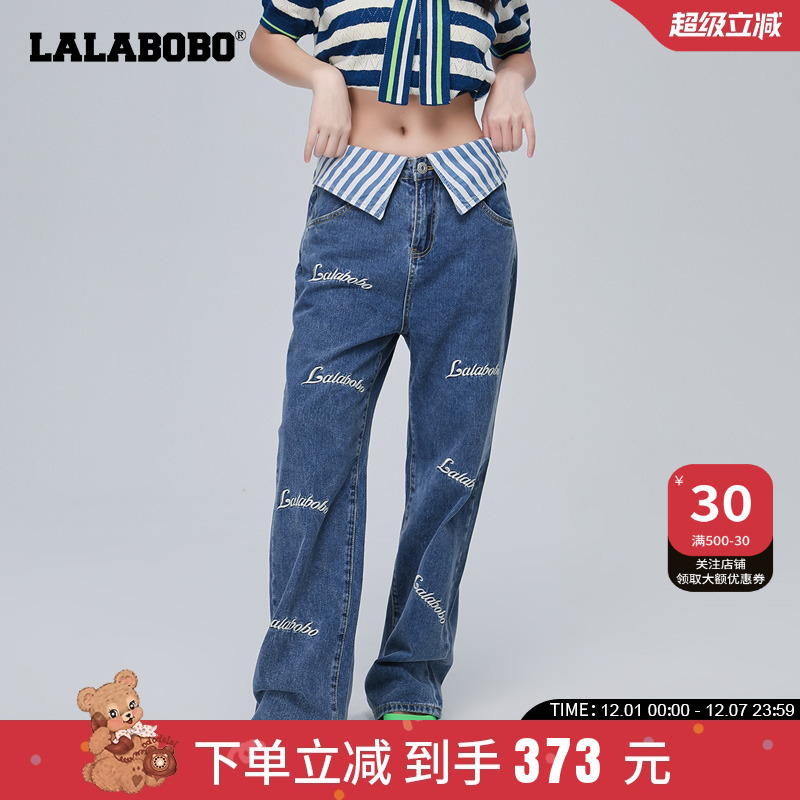 lalabobo2023刺绣高腰直筒牛仔裤