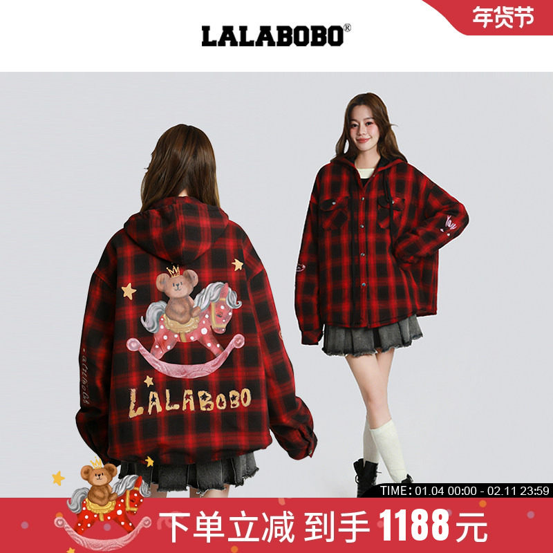 【新年红色】LALABOBO25年冬新款格纹夹棉衬衫女宽松连帽棉服外套