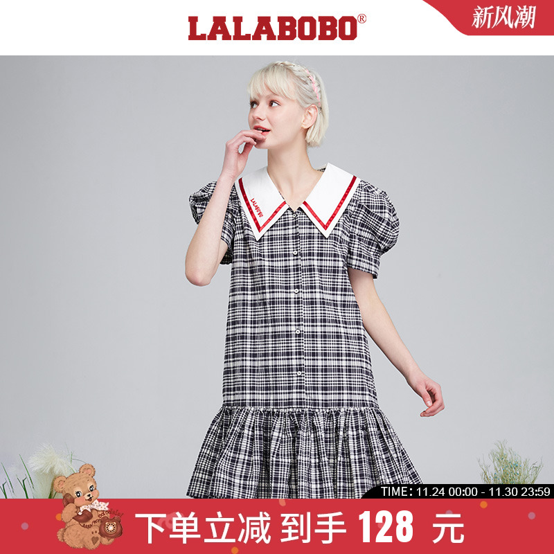 新款设计泡泡袖格纹衬衫连衣裙