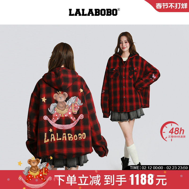 【新年红色】LALABOBO25年冬新款格纹夹棉衬衫女宽松连帽棉服外套