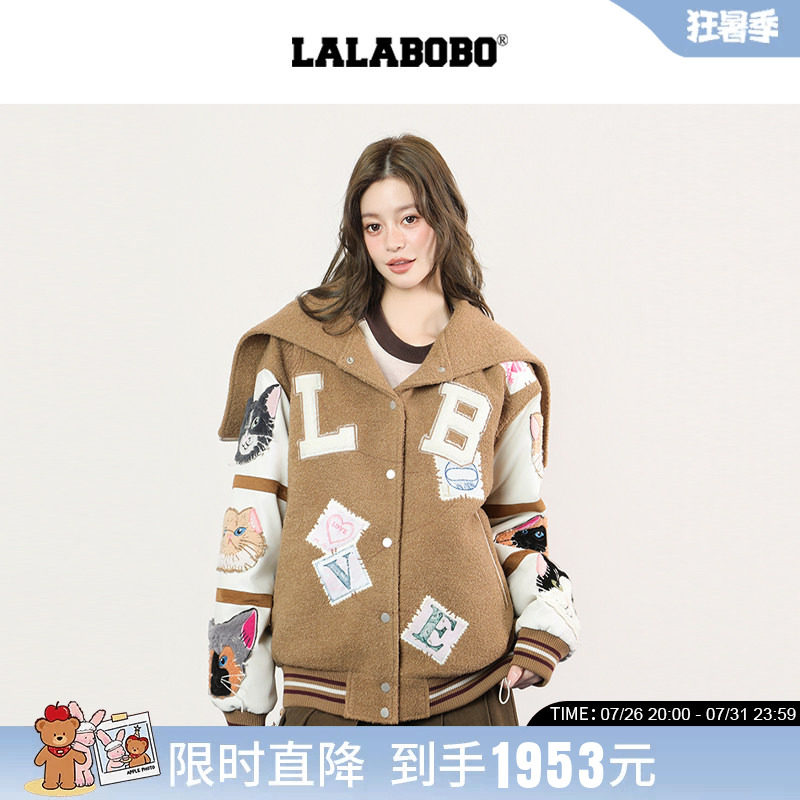 LABO复古猫贴布连毛领棉服