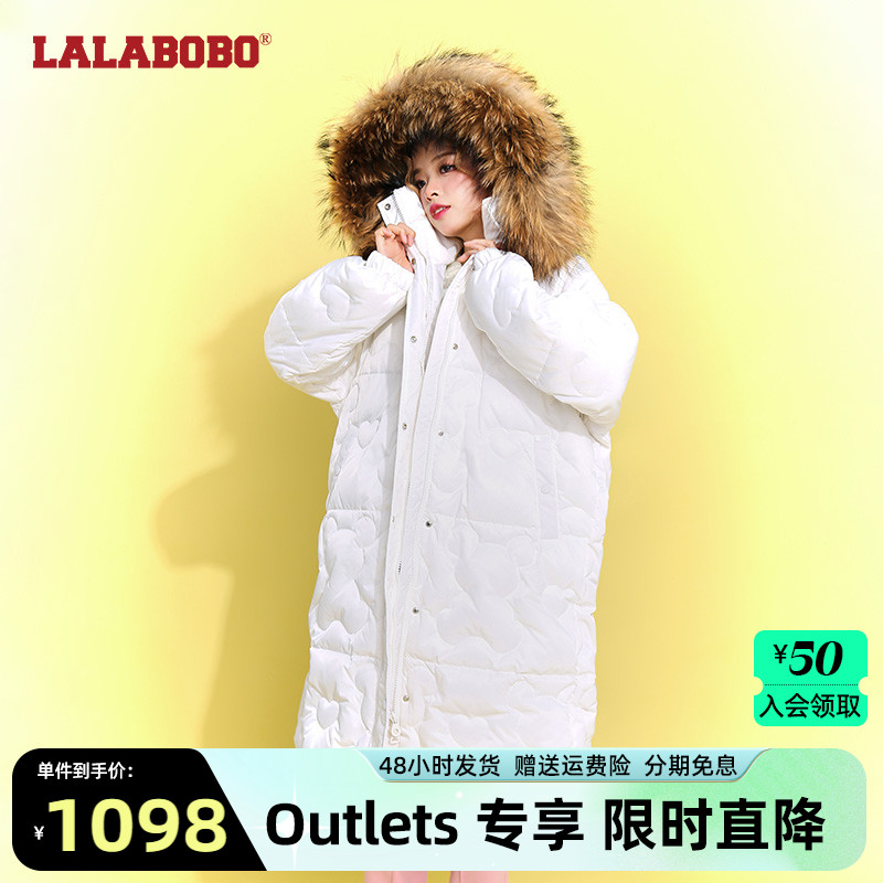 LALABOBO2022冬新款过膝长款羽绒服女大貉子毛领连帽加厚大衣外套