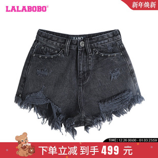 LBDB LALABOBO24夏季 女 复古休闲纯色高腰纯棉牛仔短裤 WXZD11 新款