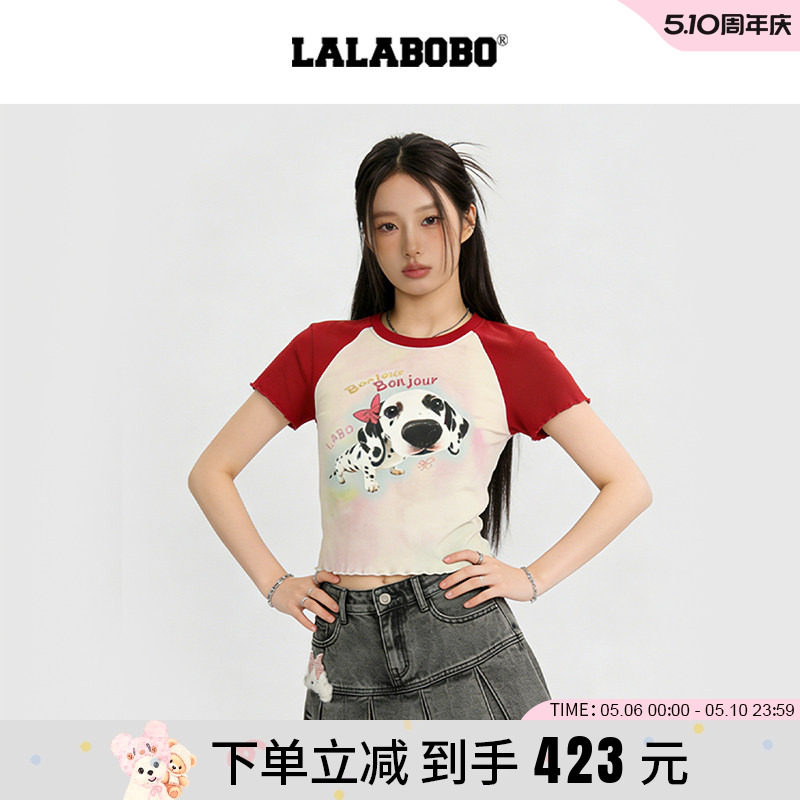 【商场同款】LALABOBO26年春新款修身短袖小狗印花短款插肩袖T恤