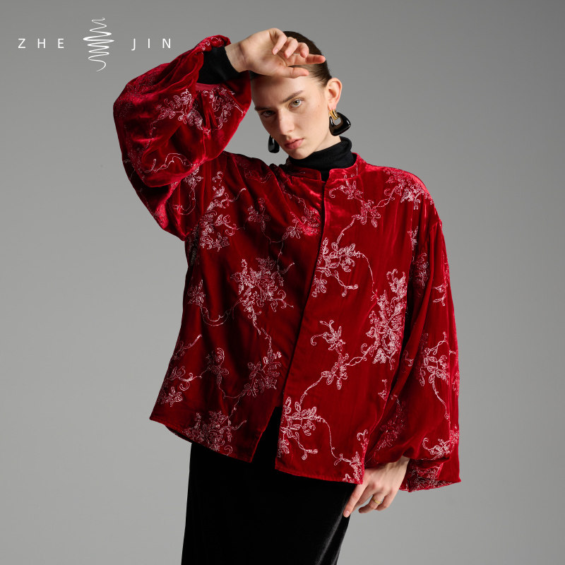 浙锦2025新款冬季灯笼袖丝绒绣花风尚上衣红色喜庆外套,女装/女士精品,短外套,淘宝优惠券,粉丝福利购,淘宝优惠卷