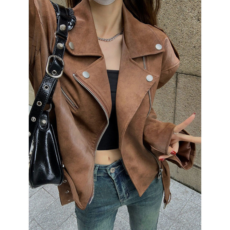 棕色复古鹿绒皮机车皮衣女美式宽松正肩外套ins春秋新美拉德夹克