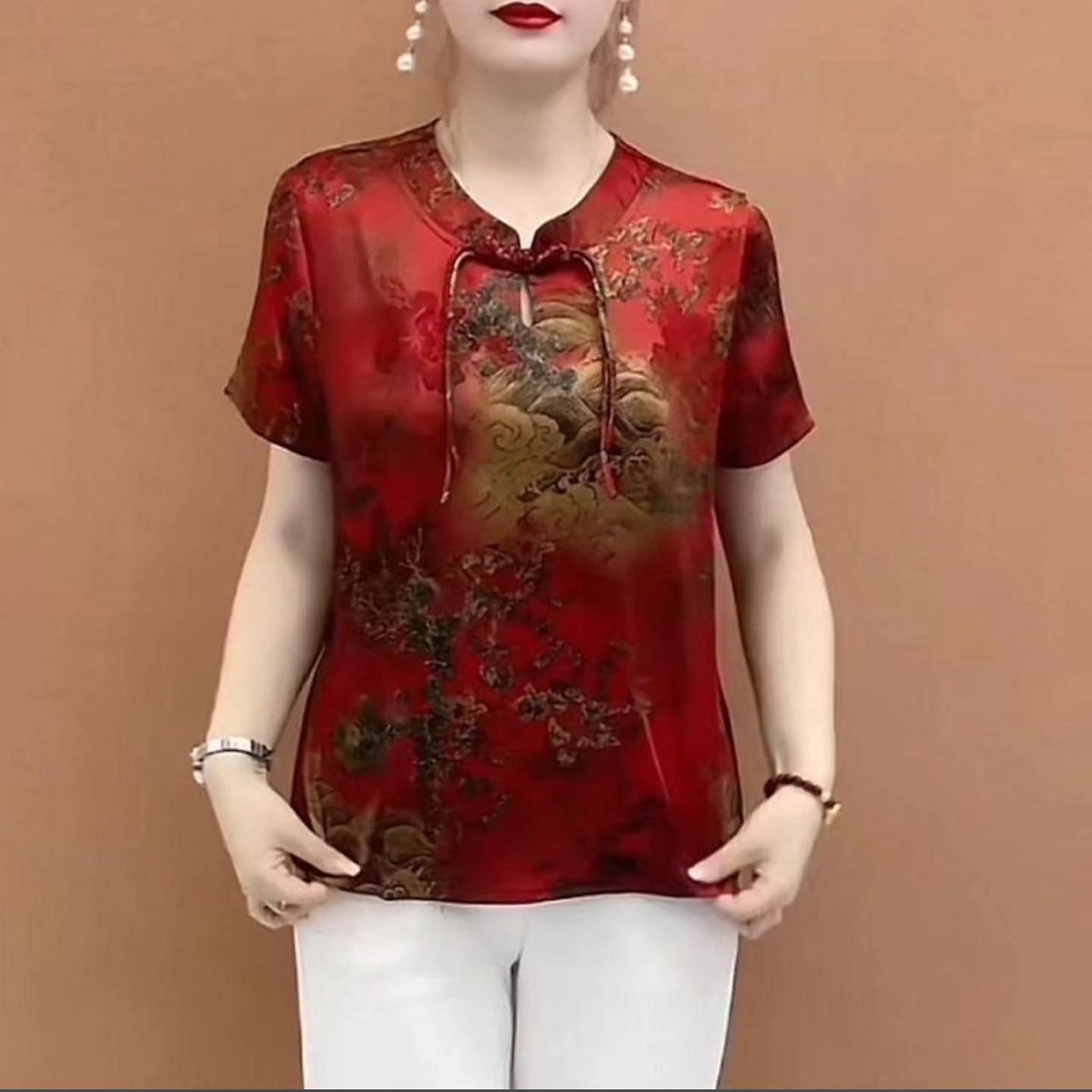 佩南女装国风盘扣花色短袖2026夏季女士款缎面T恤洋气妈妈装上a7