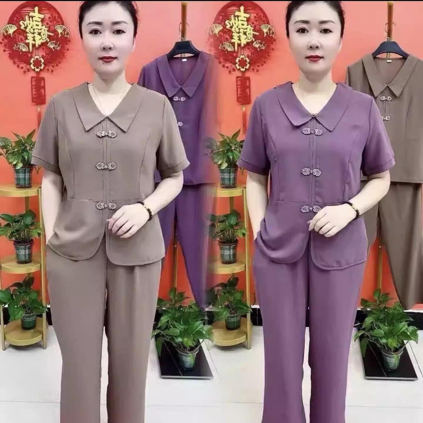 辉冕女装翻领花扣冰丝套装中老年半袖阔腿裤两件套2026新款妈妈a7