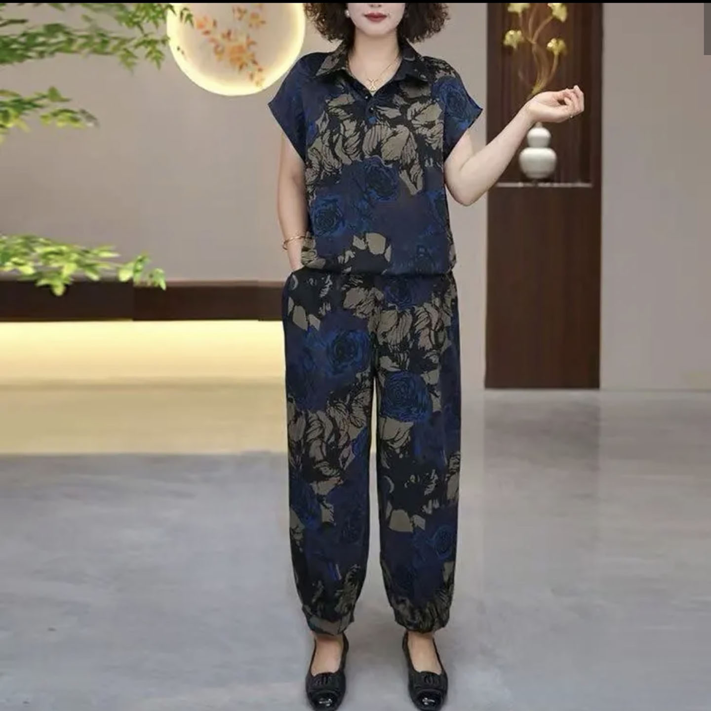 亿积女装中老年印花休闲套装夏季女士萝卜裤两件套2026新款妈妈a1