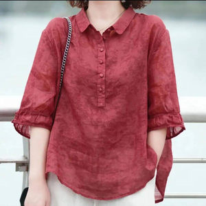 振炳女装复古印花T恤小衫夏季女士气质短袖衬衫中老年洋气妈妈a9