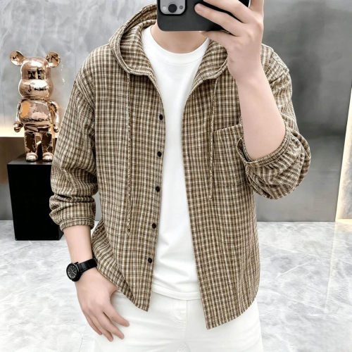 铂瑾精选男装2026秋季新款男士复古连帽格纹衬衫外套时尚百搭上a7