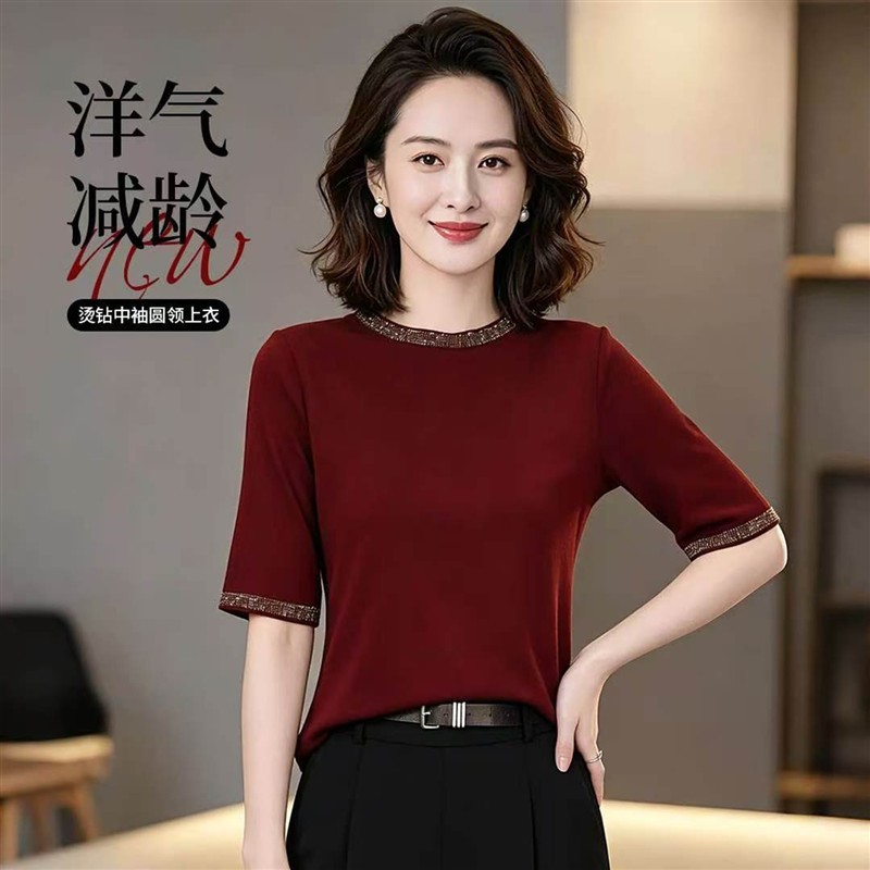 点击率女装2026夏季新款女士洋气五分袖圆领T恤显瘦减龄烫钻短a3图片