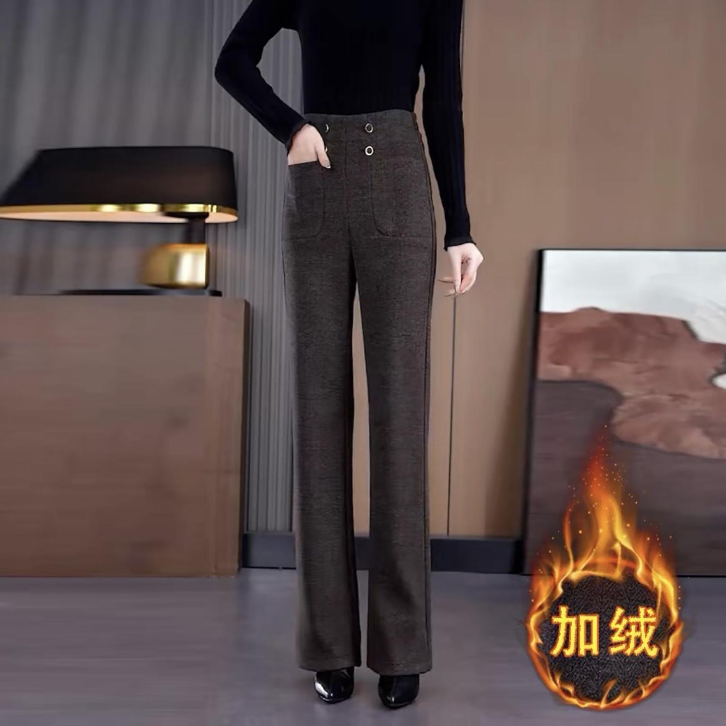 欧关女裤加绒加厚毛呢微喇裤秋冬女士窄版阔腿裤高腰显瘦直筒a29