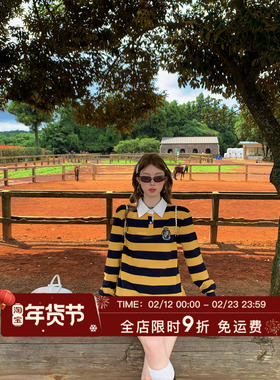 HuoHuo 学院派 polo领条纹长袖T恤女秋新款宽松休闲刺绣减龄上衣