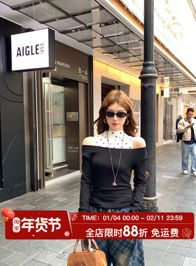 HuoHuo 叛逆波点 可盐可甜2026春夏新款女修身印花背心一字肩T恤