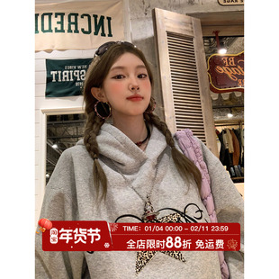 HuoHuo 秋日氛围 美式复古印花上衣女秋季新款宽松休闲连帽卫衣