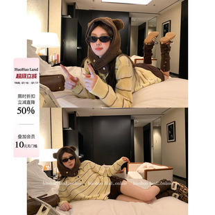 HuoHuo 条纹美学 polo领撞色毛衣女春季新款2026宽松休闲针织衫