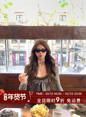 HuoHuo 毛球蝴蝶T 氛围穿搭2025冬季新款女精致毛毛飘带蝴蝶结T恤