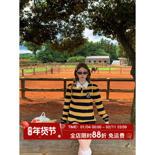 HuoHuo 学院派 polo领条纹长袖T恤女秋新款宽松休闲刺绣减龄上衣