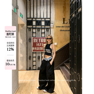 随性周末 设计感休闲阔腿裤 撕裂风拼接牛仔工装 女春新品 裤 HuoHuo