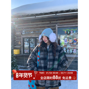 HuoHuo 格纹舒适区 酷感中性风 冬季夹克女慵懒格纹摇粒绒外套