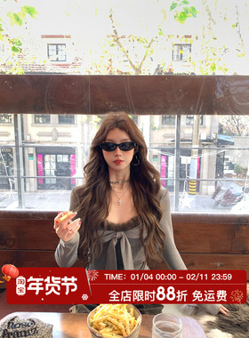 HuoHuo 毛球蝴蝶T 氛围穿搭2025冬季新款女精致毛毛飘带蝴蝶结T恤