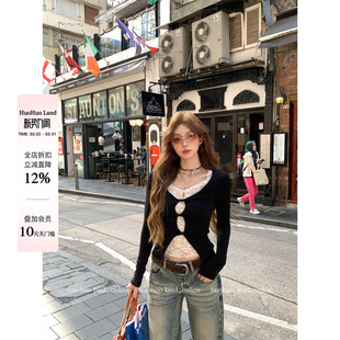 女撞色上衣假两件蕾丝T恤 浪漫点睛2026春夏新款 HuoHuo 蕾丝天菜