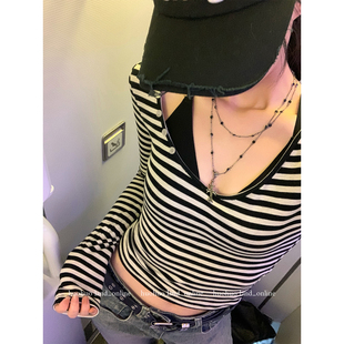 长袖 T恤女秋季 新款 HuoHuo 打底衫 U领修身 休闲短款 上衣 条纹辣妹