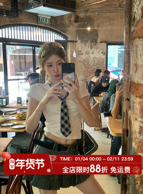 HuoHuo 辣妹学院 美式学院风甜辣领结短袖T恤女夏季V领修身短上衣