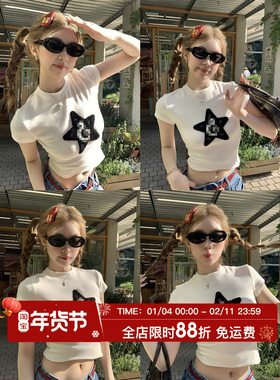 HuoHuo 美式腔调 星星刺绣修身正肩短袖T恤女夏季甜辣休闲短上衣